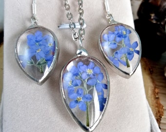Forget-me-not Necklace+Earrings SET, gift for women, pressed flower stained glass, forget me not flower pendant, gift for her, personalized