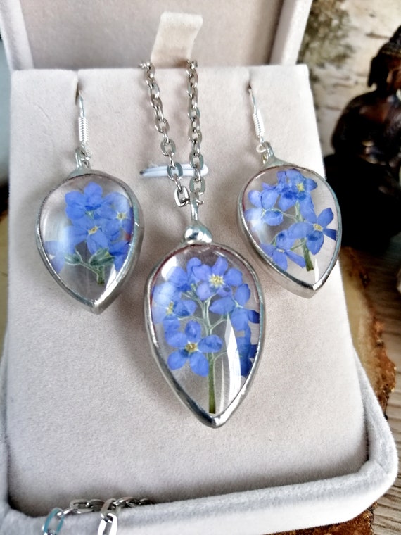 Forget-me-not Necklace+earrings SET, Gift for Women, Pressed