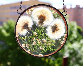 mothers day gift, Home decor dandelion moos pressed flower,stained glass window hangings, suncatcher frame, woodland window panel Home decor