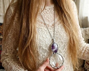 Amethyst Lace Magnifying Glass Necklace, Purple Gemstone Loupe Pendant