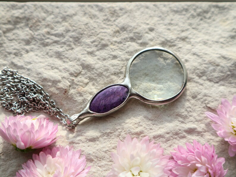 MAGNIFYING glass necklace, magnifying glass Loupe pendant, Charoite necklace, gift for women handmade image 7