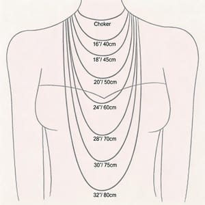 May include: Diagram illustrating necklace lengths, from choker to 32 inches (80cm). The image shows a neck and chest with various necklace lengths labeled with both inches and centimeters. The text includes "Choker", "16"/ 40cm", "18"/ 45cm", "20"/ 50cm", "24"/ 60cm", "28"/ 70cm", "30"/ 75cm", and "32"/ 80cm".