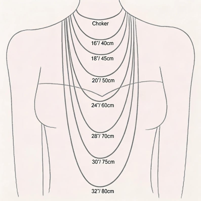May include: Diagram illustrating necklace lengths, from choker to 32 inches (80cm). The image shows a neck and chest with various necklace lengths labeled with both inches and centimeters. The text includes "Choker", "16"/ 40cm", "18"/ 45cm", "20"/ 50cm", "24"/ 60cm", "28"/ 70cm", "30"/ 75cm", and "32"/ 80cm".