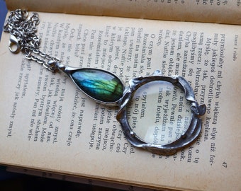 Ready to ship magnifying glass Loupe, gift for women, Space Solar LABRADORITE Necklace, statement necklace, Hand Made, gift for her