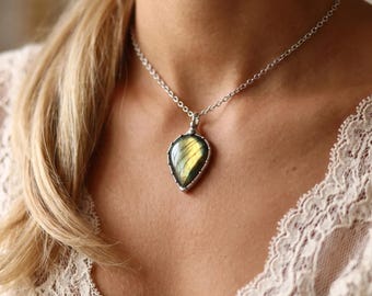 Shiny Gold Labradorite Pendant, Necklace Boho Gift for friend Handmade Jewlery