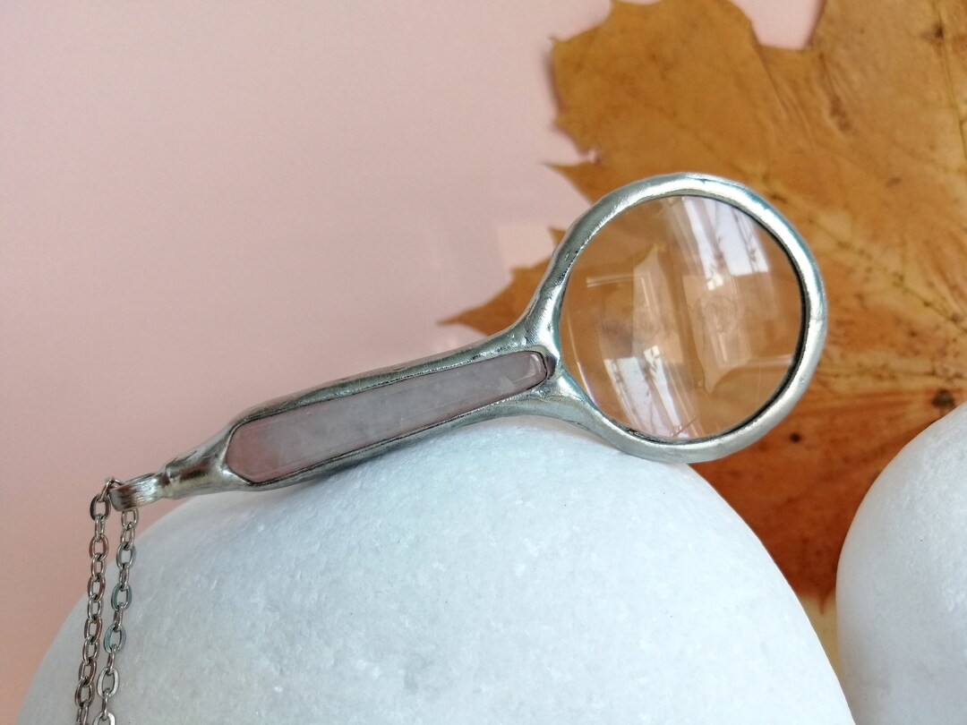 Loupe Necklace, Magnifying Glass LOUPE Pendant, ROSE QUARTZ Point