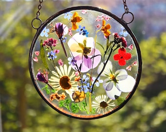 Mothers day Gift Home decor, Birthday pressed flower frame, Gift for Wife,Stained glass,Window Hanging Suncatcher