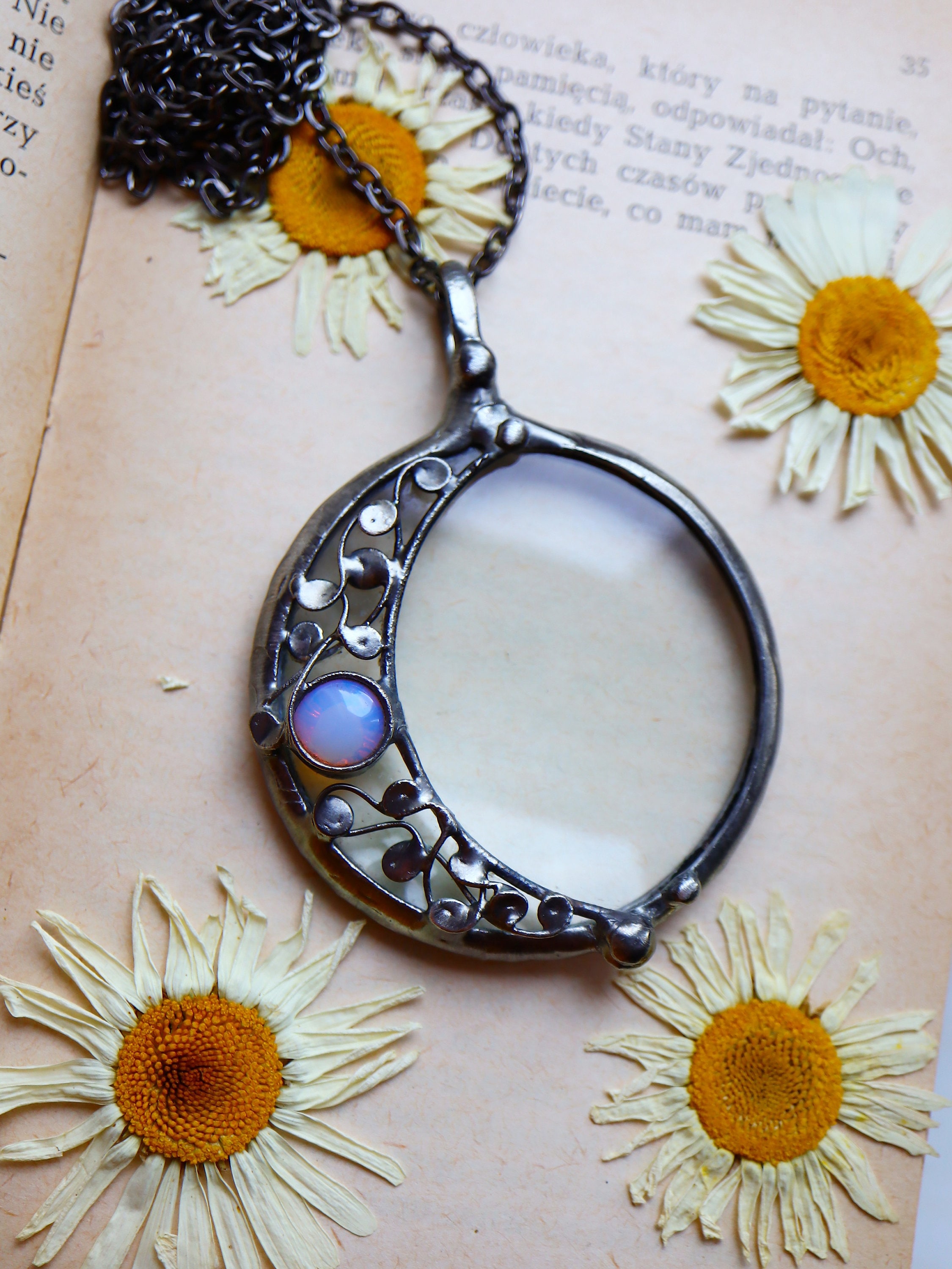 Opalite Crescent Moon Loupe Necklace: Handmade Boho Magnifying Glass ...