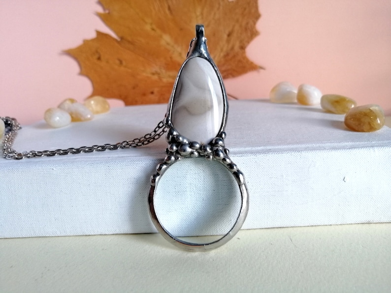 loupe necklace gift for grandma handmade MAGNIFYING glass necklace striped flint necklace magnifying glass Loupe pendant