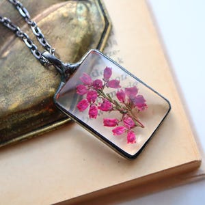 pressed flowers MOSS HEATHER Plant Terrarium, Spring Natural Woodland Jewelry, Rustic Necklace