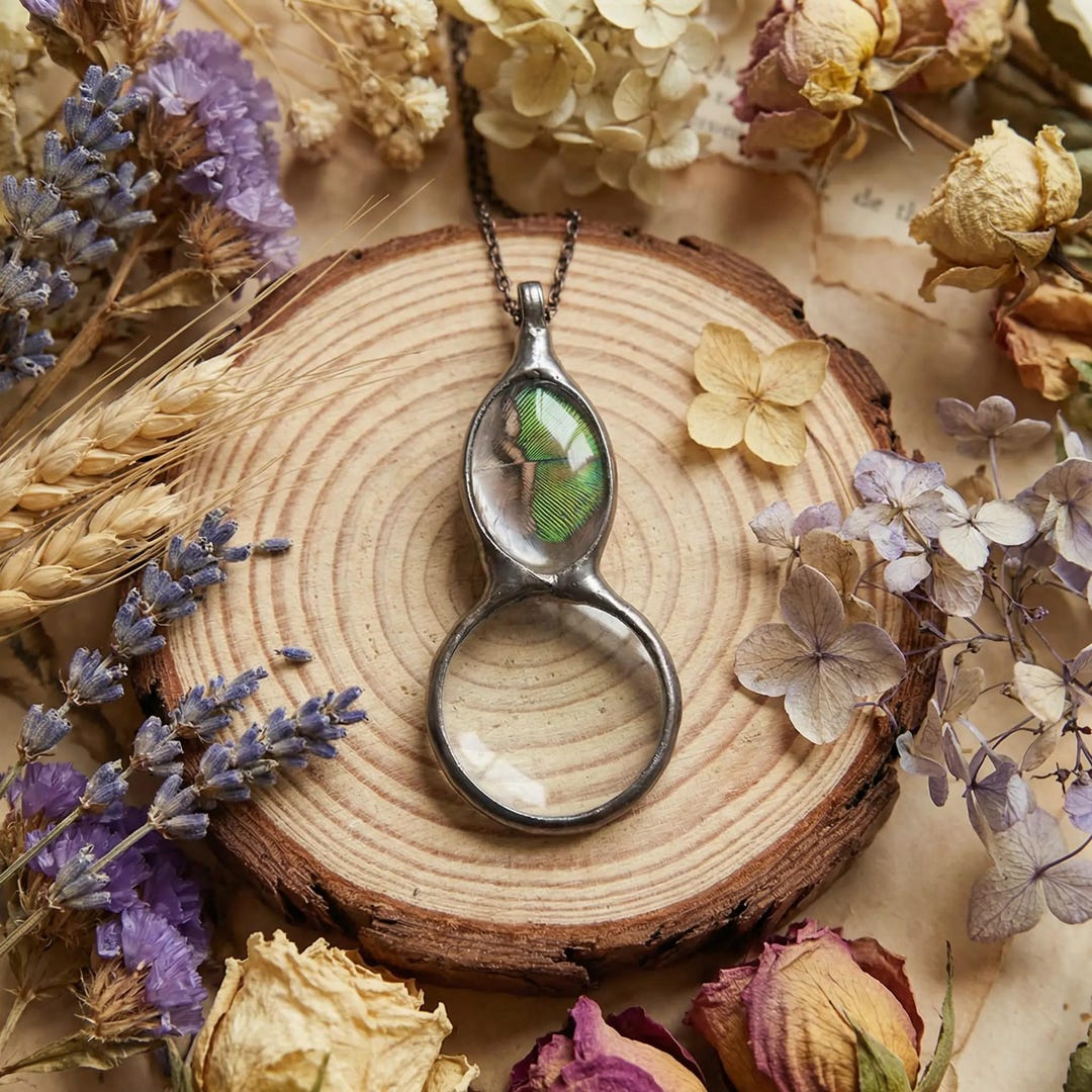 Peacock Feather Magnifying Glass Necklace: Rustic Boho Loupe Pendant - Etsy