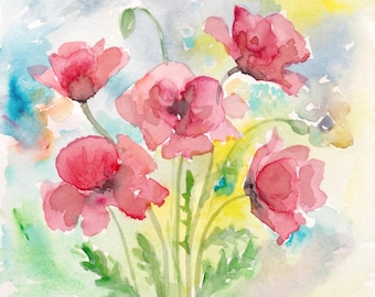 Red Poppy Watercolor Art Print, Red Poppies Wall Art, Watercolor Flower Print, Meadow Floral Art, Botanical Print, Cottagecore Decor