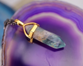 Fluorite point quartz labradorite  Crystal Necklace , Gold pendant, fluorite healing Earth necklace. Unique One of a kind, gift for her