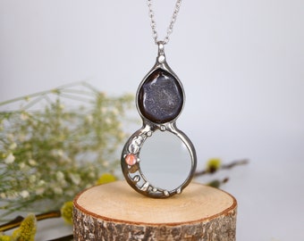 Black druzzy obsydian moon, anniversary gifts, magnifying glass LOUPE pendant, gift for women, black Jewelry