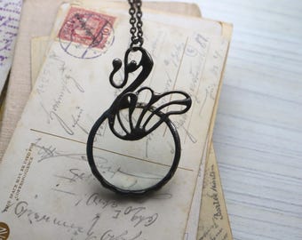 Black Swan Art Nouveau Magnifying Glass Necklace: Handmade Sterling Silver Loupe Pendant