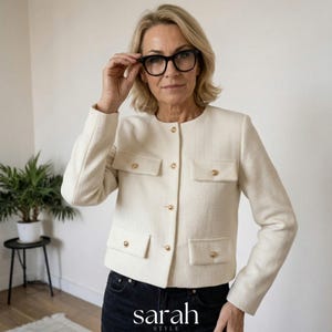 Op de afbeelding: Crèmekleurige tweed jasje met gouden knopen en zakken. Het jasje heeft een klassiek design en wordt gedragen met een zwarte jeans. De tekst "sarah style" is zichtbaar onderaan de afbeelding.