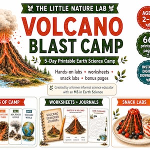 Op de afbeelding: Een kleurrijke afbeelding voor een wetenschapskamp voor kinderen, "Volcano Blast Camp". De afbeelding toont een uitbarstende vulkaan, educatief materiaal en snackideeën. Bevat de tekst "Ages 2-7", "66 afdrukbare pagina's" en "Instant Digital Download."
