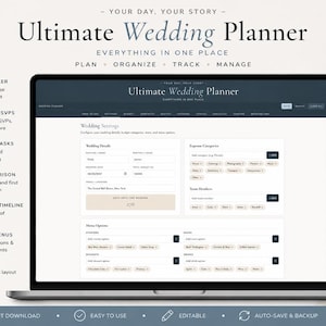 Op de afbeelding: Een laptop toont de interface van de "Ultimate Wedding Planner", met functies zoals budgettracking, gastenlijsten en locatievergelijking. Het scherm is omgeven door tekst en pictogrammen, met bloemen en een kaars op de achtergrond.