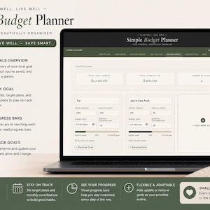 May include: A laptop displaying a "Simple Budget Planner" interface. The screen shows financial tracking tools with sections for savings goals, progress bars, and goal management. The design is clean with a green and white color scheme.