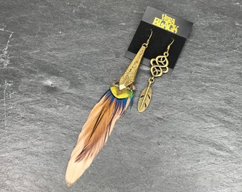 Bronze Feather Earrings: Mismatched Boho Style, Peacock & Rooster Feathers