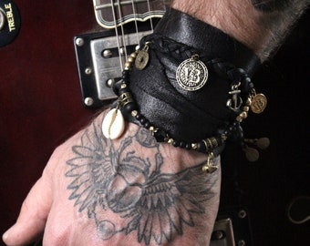 Pirate Treasure Cuff Bracelet Set: Unisex Faux Leather & Charm Wrist Wrap