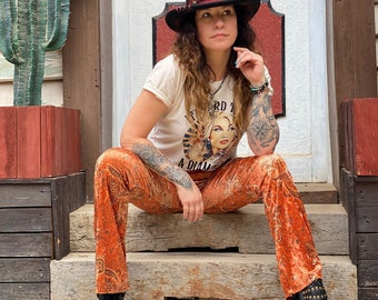 El Dorado Paisley High Waisted Stretch Velvet Bell Bottoms - Country & Western Cowgirl Rock n Roll Hippie Gypsy Flares Trousers Unisex