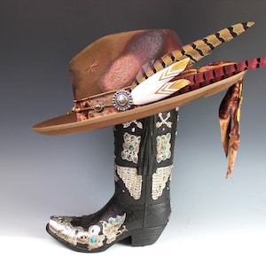 The Wildflower Fedora - Wool Felt Country Western Style Hat Unisex For Men And Women Tan Cowboy Fedora Hat Distressed Effect Rock n Roll Hat