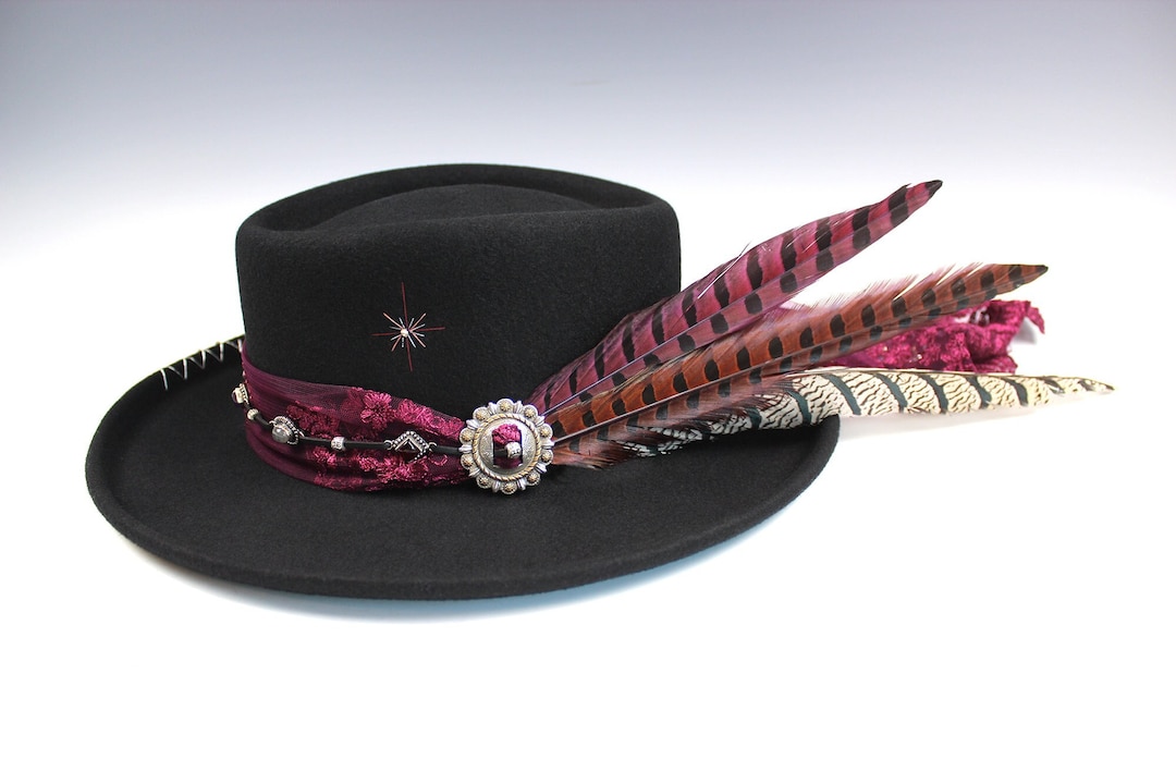 Ladies Black Satin, Lace and Beaded Victorian Style Gambler Hat Western Black Felt Low Top Hat With Net – Gothic Victorian Accessory  main image 3