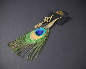 Bronze Detailed Peacock Feather Earrings