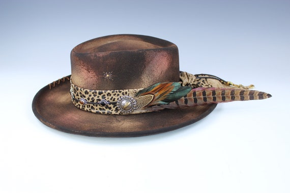Distressed Wool Felt Fedora: Leopard Band, Feather & Stone  display picture 1