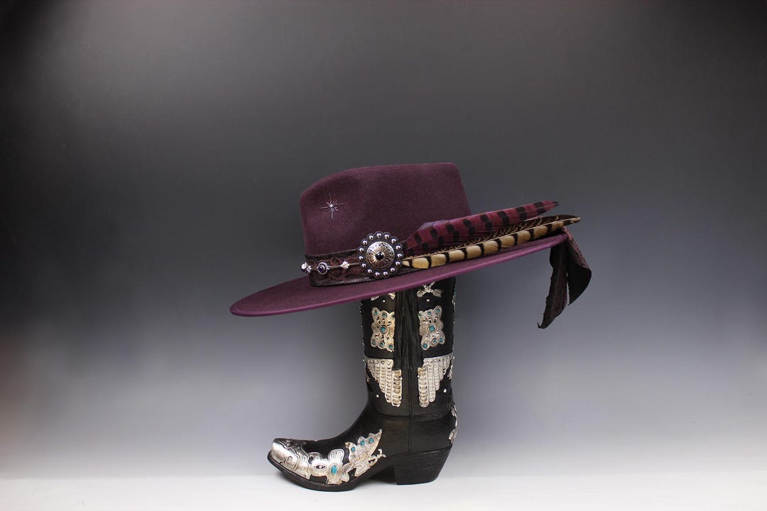 Plum Wide-Brim Felted Fedora Hat Embroidered Plum Felt Hat – Wiseman main image 2
