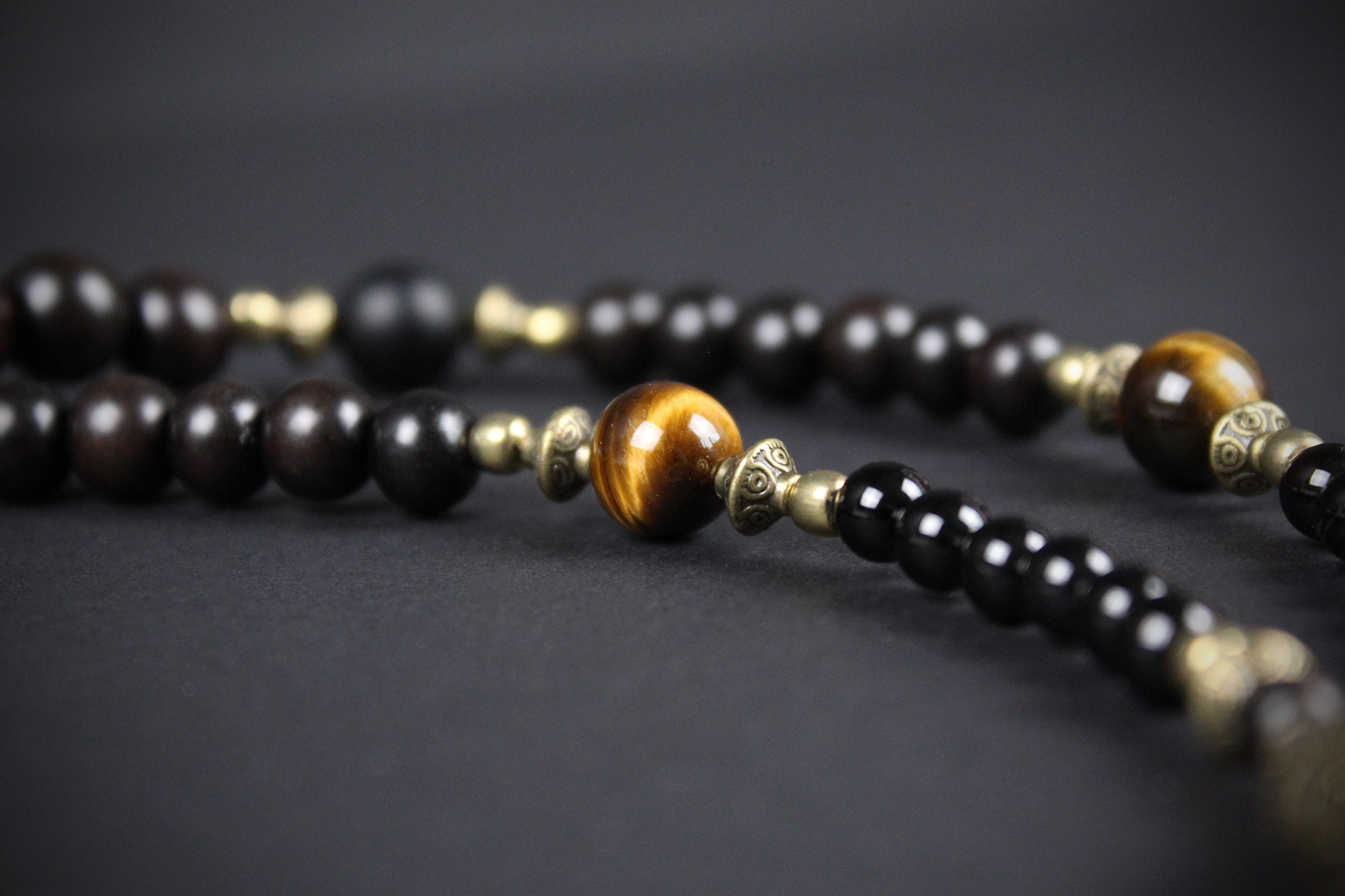 Ebony Wood Day of the Dead Necklace - Black Onyx Tigers Eye