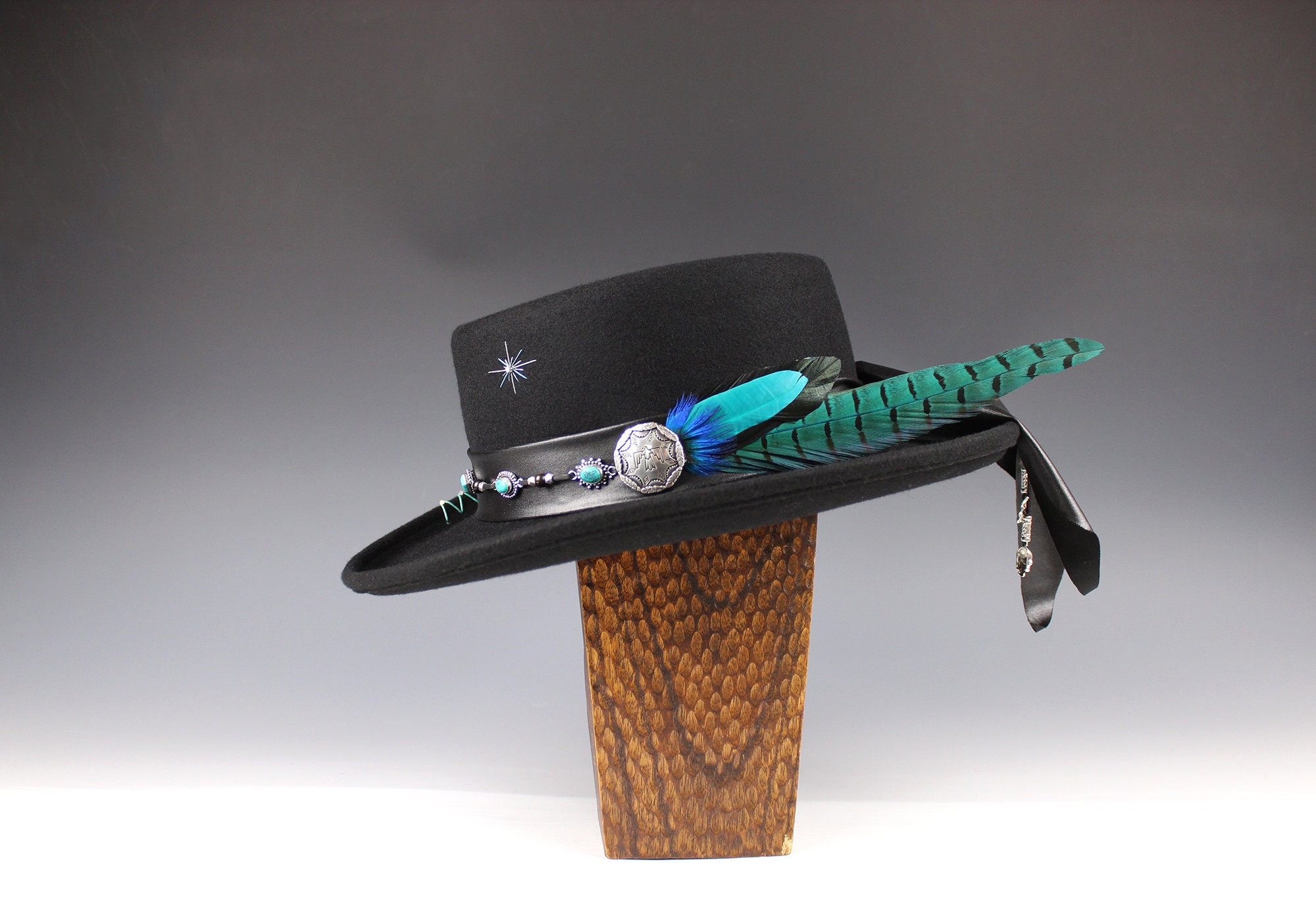 Turquoise fedora, Panama, boater, gambler, sombrero, western, cowboy hat Turquoise Phoenix Gambler Hat: Western Bohemian Fedora With  main image 3