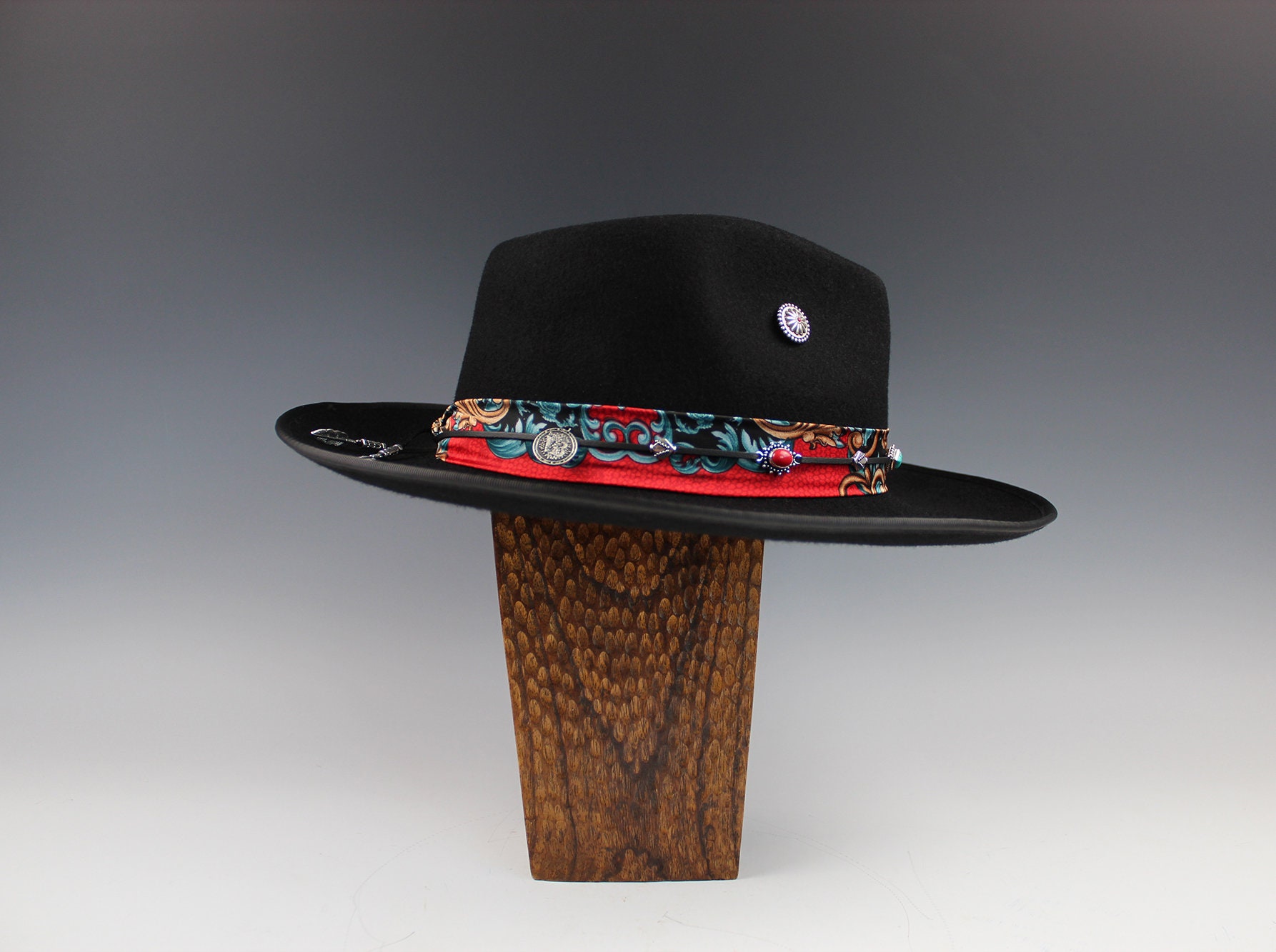 ? Free People Kimi Rancher Black Fedora Hat with Multicolored Patterned Band Blood Orange Flex Fitted Tie Dye Festival Hat (Grateful Dead  main image 2