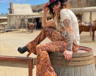 Mustang Paisley High Waisted Stretch Velvet Bell Bottoms - Country & Western Cowgirl Rock n Roll Hippie Gypsy Flares Trousers Unisex