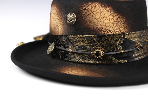 Gold Detailing Black Fedora Hat Black Felt Fedora Hat With Gold Bar Detailing – 4EVER STUNNING main image 3