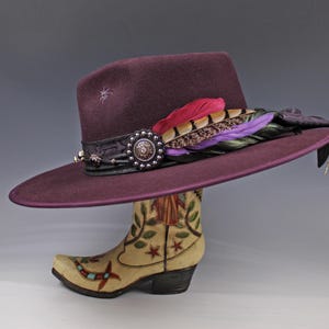 One Off Custom Fedora: Plum Wool Felt Wide Flat Brim Fedora Large 59cm