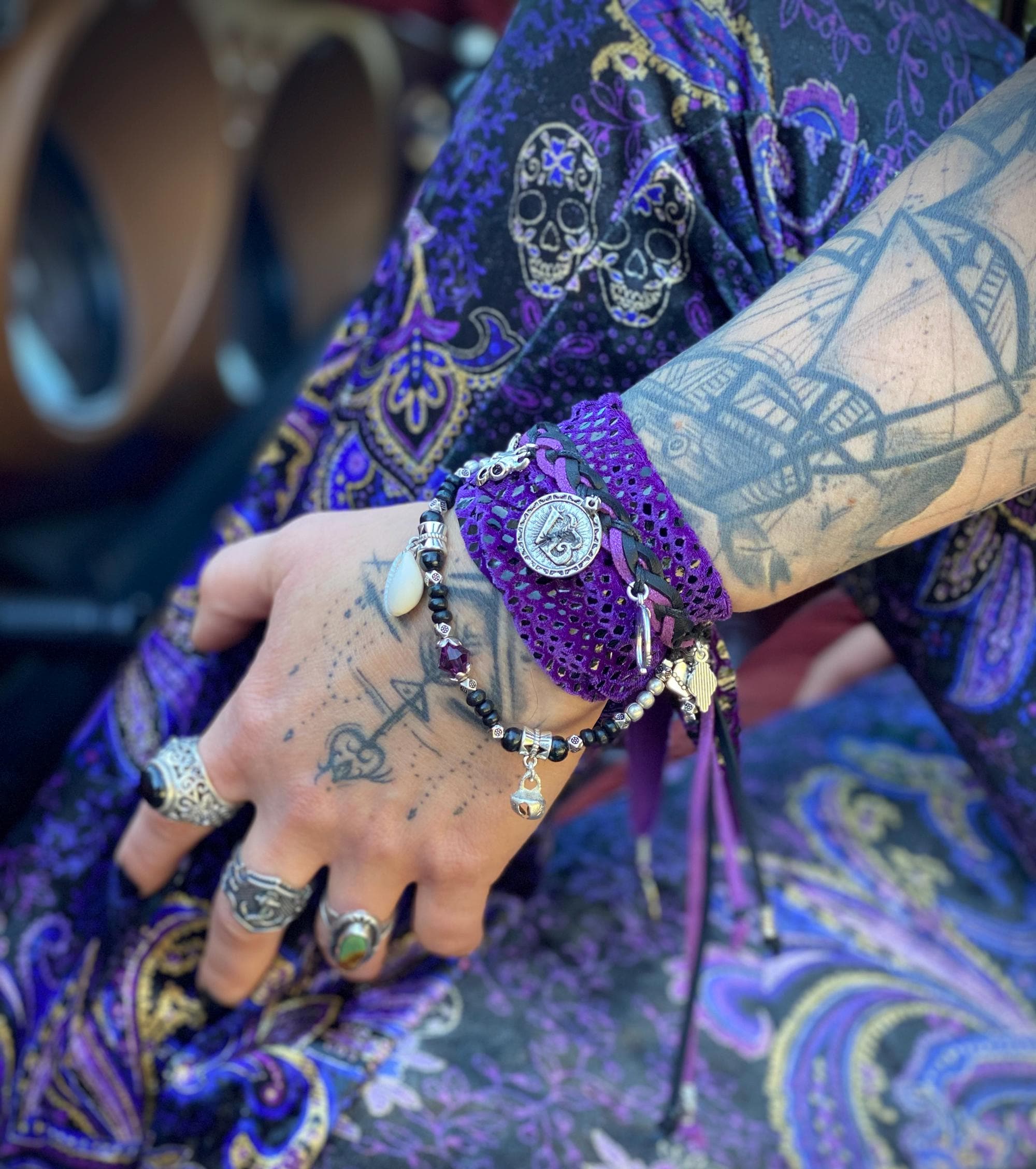 Purple Viper Cuff Bracelet Set: Pirate Coin Charm, Unisex Rock N