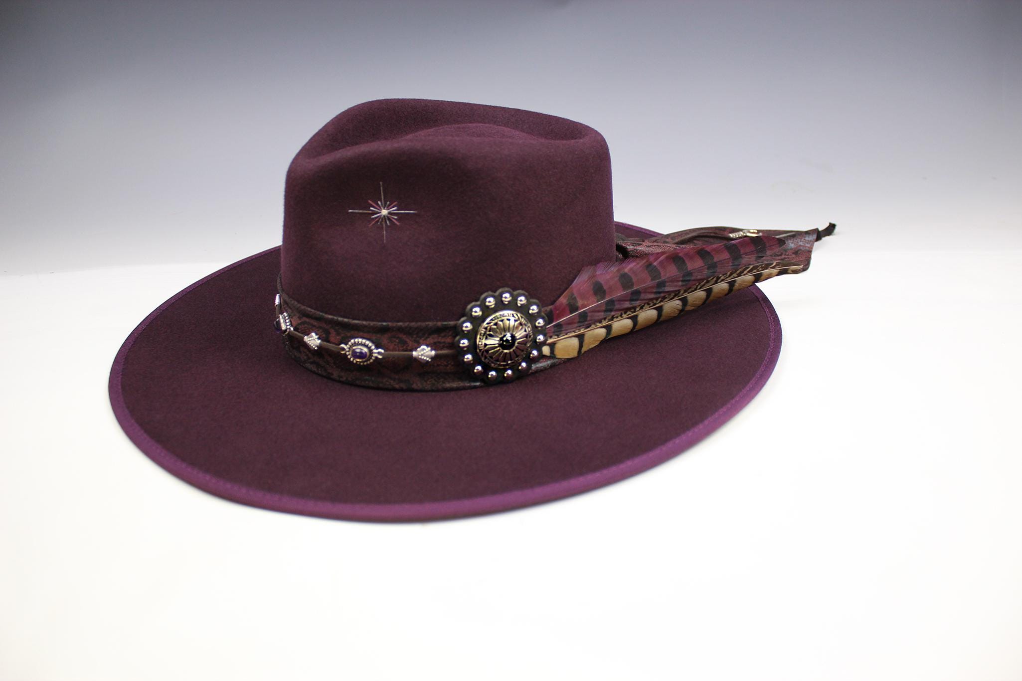 Plum Wide-Brim Felted Fedora Hat Embroidered Plum red Oxley Fedora - Hicks & Brown main image 2