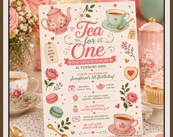 Faire-part d'anniversaire modifiable Tea Party, tasses à thé aquarelle, fleurs, pastels (téléchargement numérique)