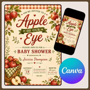 May include: A baby shower invitation featuring a red gingham border, red apples, and green leaves. The text reads: You're invited to an Apple of our Eye baby shower honoring Jessica Thompson on Saturday, October 18 at 2:00pm at The Thompson Home.