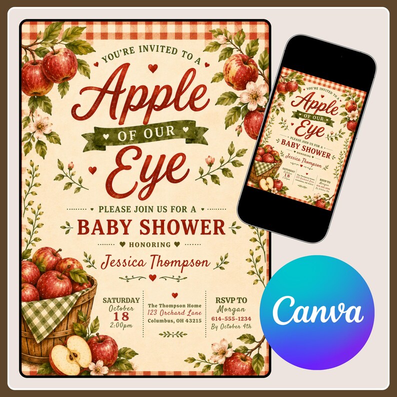 May include: A baby shower invitation featuring a red gingham border, red apples, and green leaves. The text reads: You're invited to an Apple of our Eye baby shower honoring Jessica Thompson on Saturday, October 18 at 2:00pm at The Thompson Home.