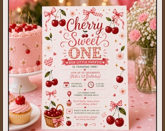 Faire-part d'anniversaire doux cerise, invitation de fête de premier anniversaire cerises aquarelle (téléchargement numérique)