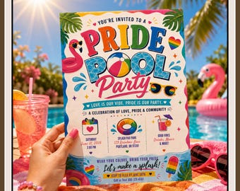 Pride Pool Party Invitation Template, Tropical Rainbow Summer Canva Invite (Digital Download)