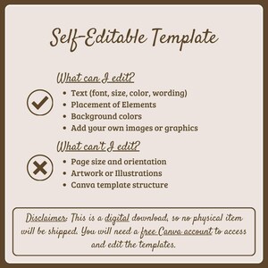 May include: A beige digital template information card with dark brown text. The header reads Self-Editable Template. It lists editable features like text, placement, and colors, and non-editable features like page size and artwork.