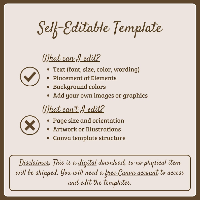 May include: A beige digital template information card with dark brown text. The header reads Self-Editable Template. It lists editable features like text, placement, and colors, and non-editable features like page size and artwork.