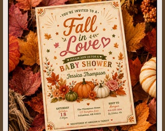 Fall in Love Baby Shower Invitation Template, Editable Fall Baby Shower Invite, Autumn Pumpkin Baby Shower Invitation