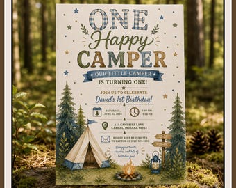 One Happy Camper Birthday Invitation Template, Editable Canva Camping First Birthday Invite