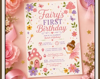 Fairy First Birthday Invitation, Whimsical Garden Party Template (Digital Download)