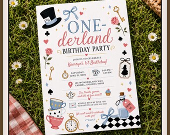 One-derland Birthday Invitation, Alice in Wonderland Tea Party Invite (Digital Download)